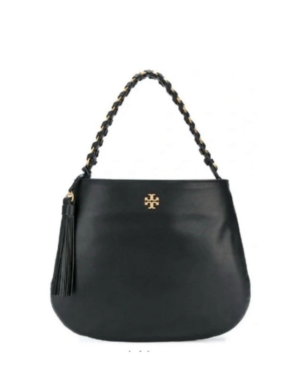 Tory Burch Black Leather Shoulde Hobo Bag with Braided Strap and Tassel